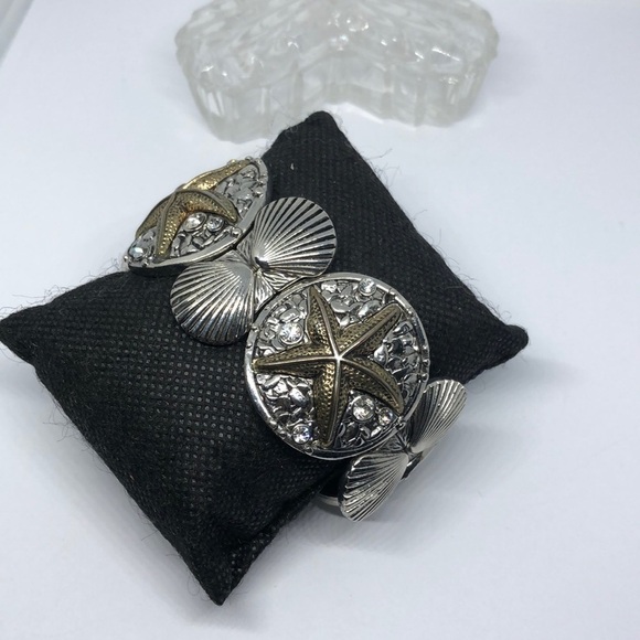 Sea ocean beach clam shell starfish coin stretch metal bracelet boho statement. - Picture 2 of 3